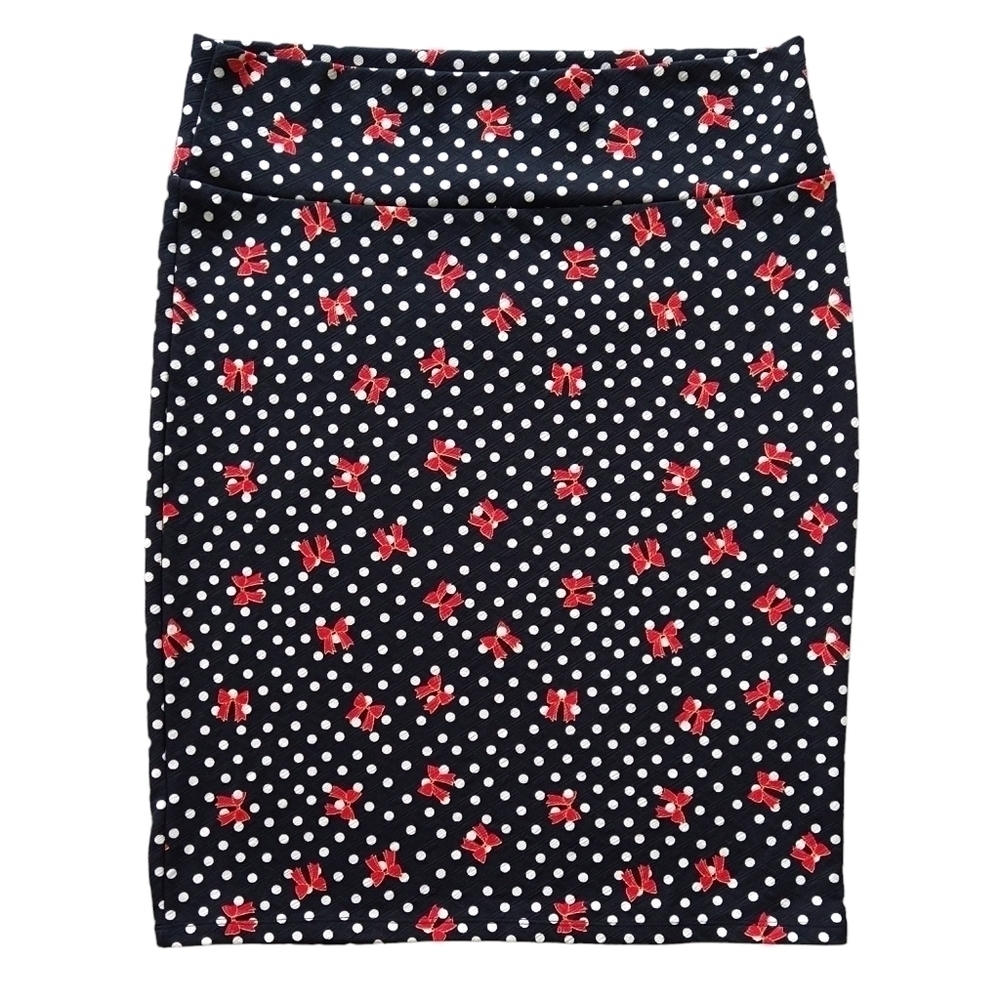 Lularoe Cassie Pencil Skirt Black Polka Dot Bow Knee Length Pull On Whimsical